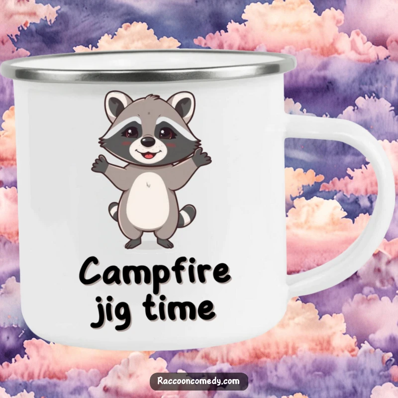 Funny camping mug with a happy raccoon dancing with paws up, perfect for adding fun to trips.