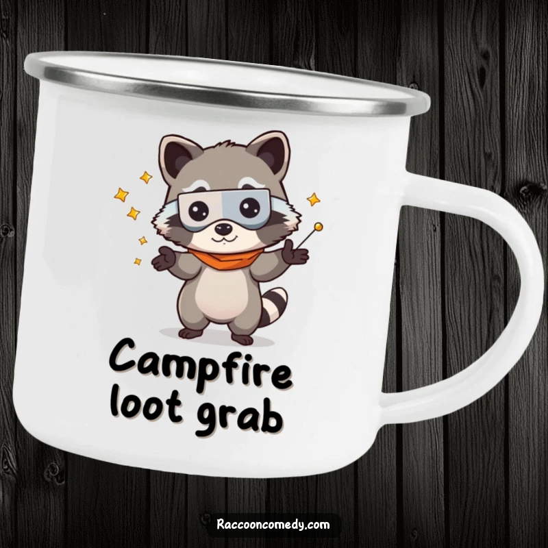 Funny kawaii raccoon bandit, humorously juggling campfire supplies on a metal camping mug, perfect for outdoor use.
