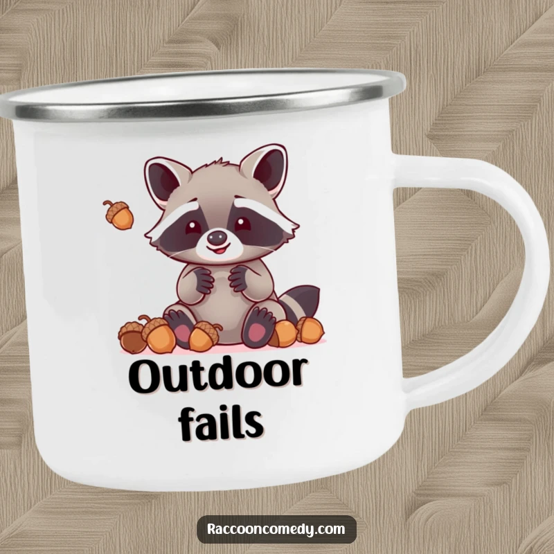 Funny kawaii raccoon with large paws attempting to juggle acorns, depicted on a rugged camping mug for outdoor enjoyment.