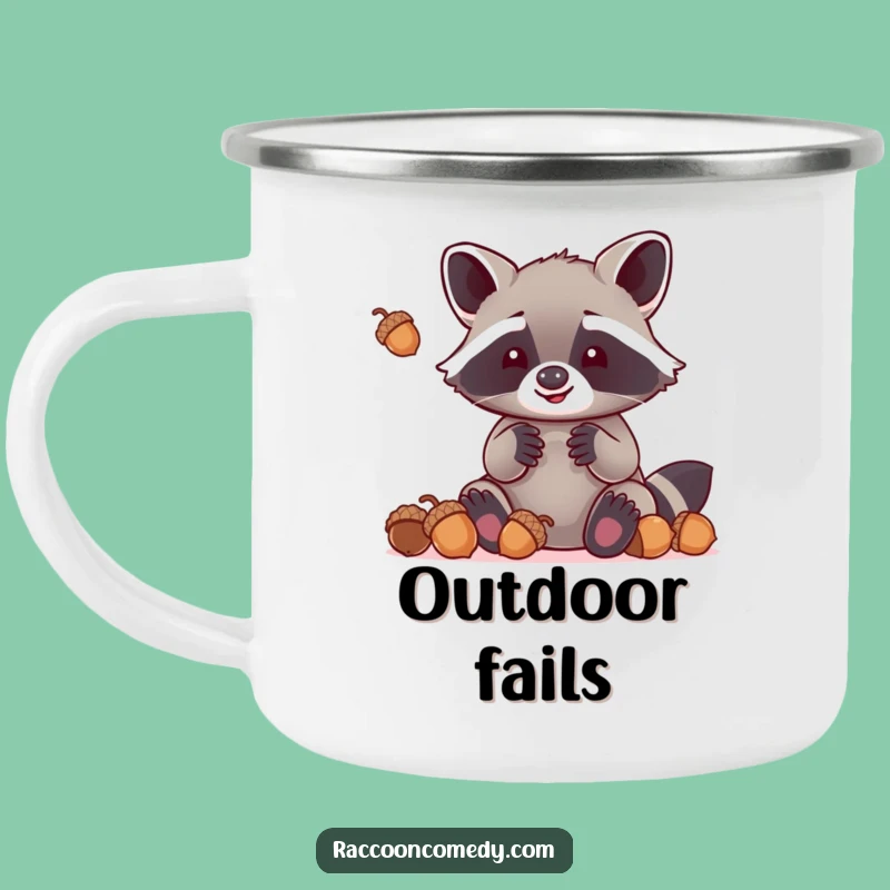 Funny Kawaii Raccoon Camping Mug: Juggling Acorns Outdoors, Humorous Adventure Drinkware