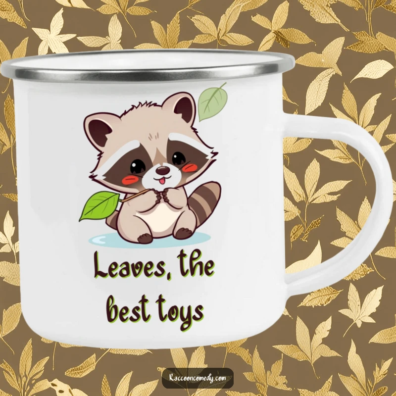 Funny kawaii raccoon playfully batting at a leaf on a durable camping mug, ready for outdoor fun.