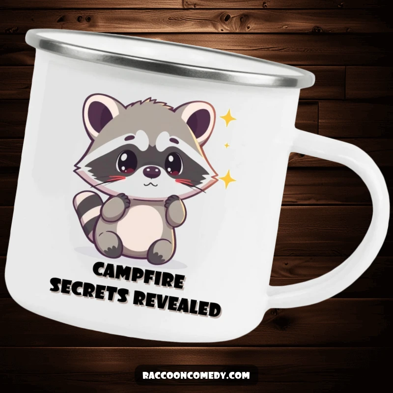 Funny kawaii raccoon looking surprised by a shimmering light on a durable camping mug, ready for magical outdoor moments.