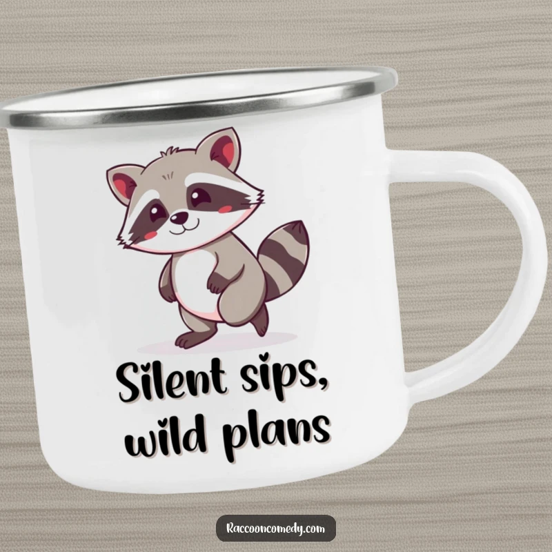 Funny kawaii raccoon tiptoeing with a mischievous grin on a rugged camping mug, ready for outdoor fun.