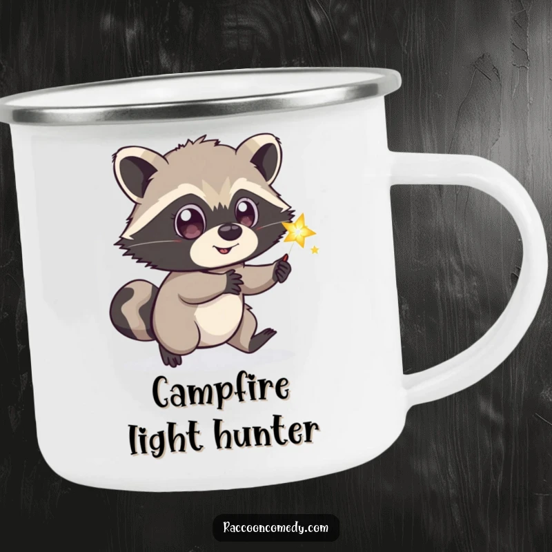 Funny playful raccoon camping mug, wide eyes, chasing sparkling firefly, outdoor gear, humorous and durable gift.