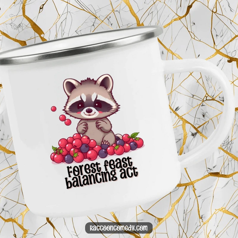 Funny raccoon berry juggling camping mug with a small raccoon, tiny paws, juggling berries, perfect for enjoying drinks outdoors with humor.