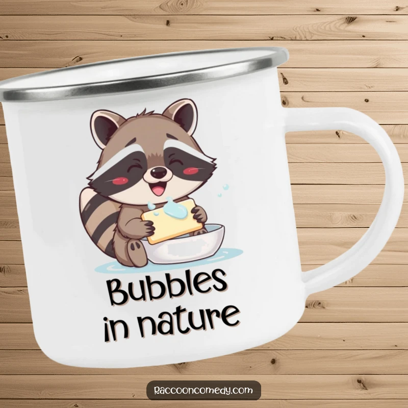 Funny camping mug featuring a bright-eyed, grinning raccoon enjoying a good wash with a bar of soap.