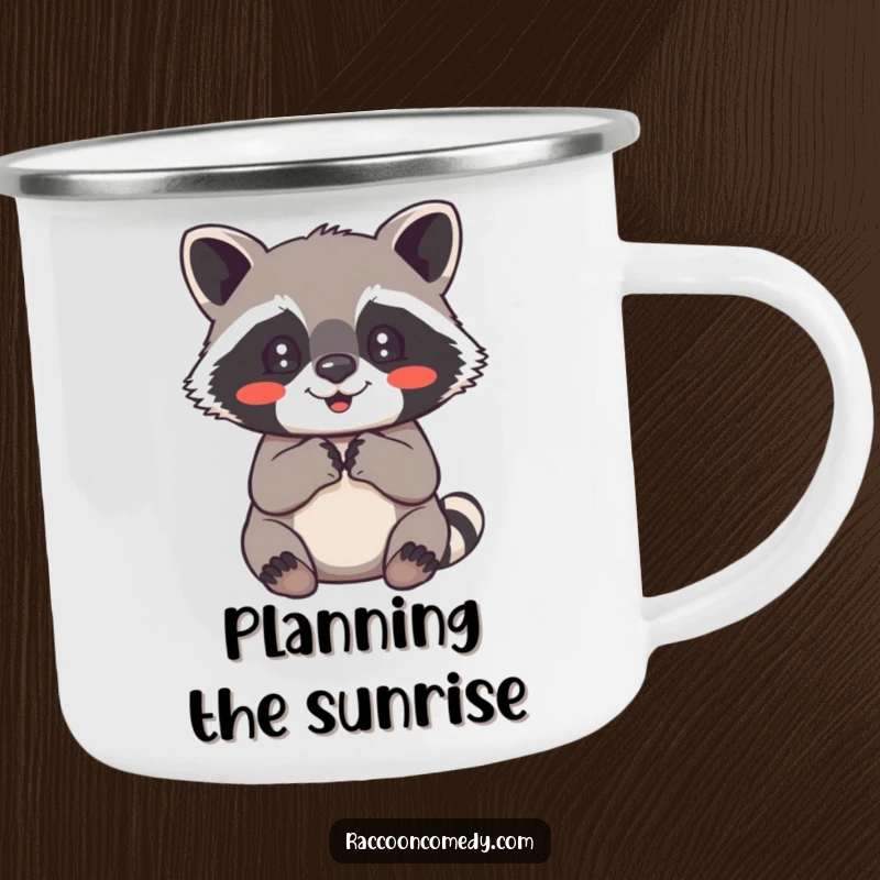 Funny raccoon camping mug featuring a cute raccoon with paws clasped, radiating pure delight and cheerful vibes.