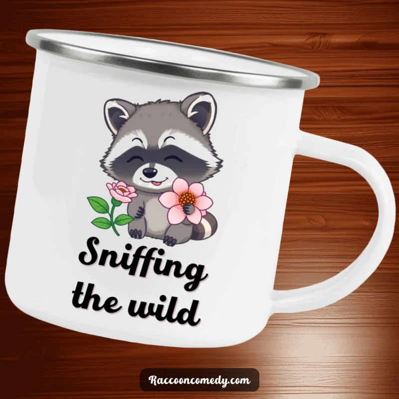 Funny raccoon camping mug showing a raccoon with nose twitching while sniffing a flower, ideal for outdoor appreciation, a humorous funny gift.