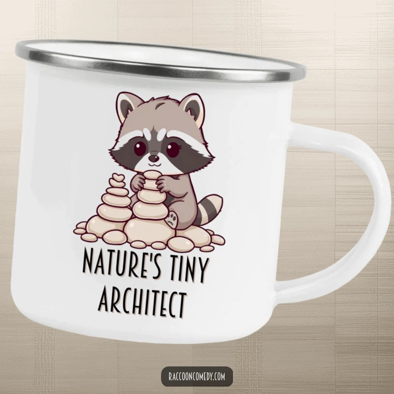 Funny raccoon camping mug, durable, featuring a raccoon with nimble paws stacking pebbles, for adventurers and creators.