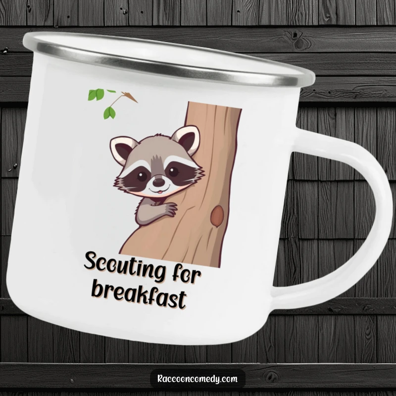 Funny raccoon camping mug, durable metal, featuring a curious raccoon peeking from behind a tree, ideal for outdoor enthusiasts.