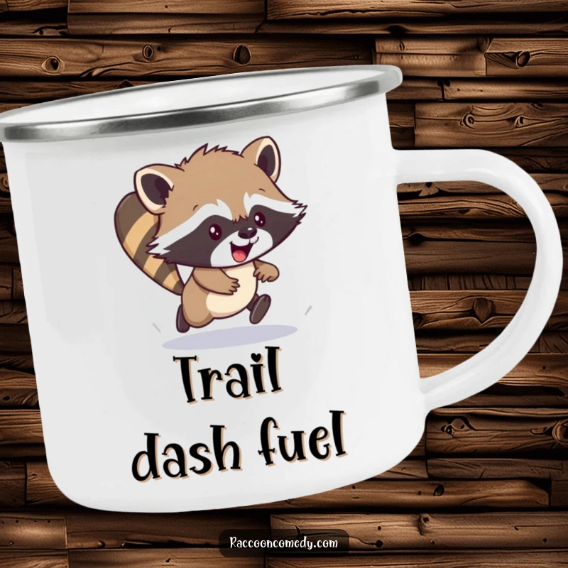 Funny camping mug featuring an energetic raccoon cub in a clumsy scamper, ready for outdoor fun and warm beverages.