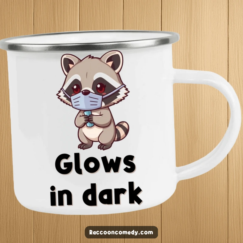 Funny Kawaii Raccoon Camp Mug: Sturdy mug with a cute masked raccoon holding a shiny object.