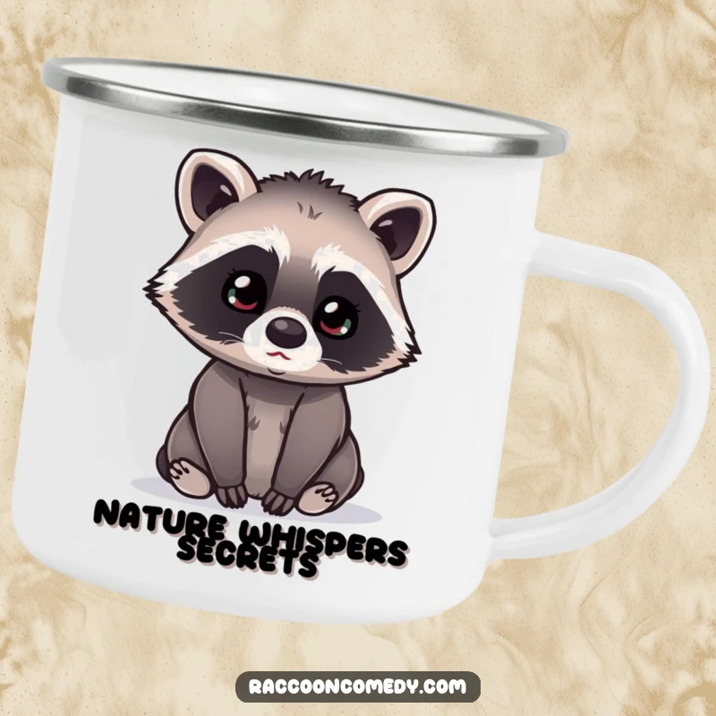 Funny kawaii raccoon with its head tilted curiously, listening intently, depicted on a rugged camping mug for outdoor reflection.
