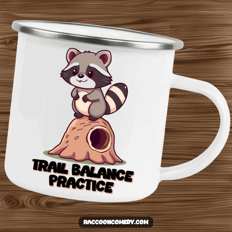 Funny kawaii raccoon happily balancing on a hollow log, featured on a rugged and humorous camping mug.