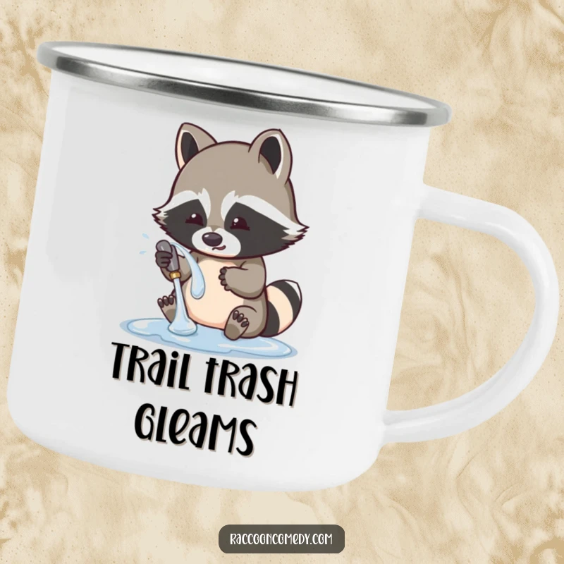 Funny raccoon camping mug with a cute character playfully washing a shiny object, perfect for enjoying beverages outdoors with a smile.