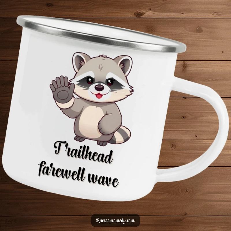 Funny kawaii raccoon in oversized gloves, humorously waving goodbye on a rugged and cute camping mug.