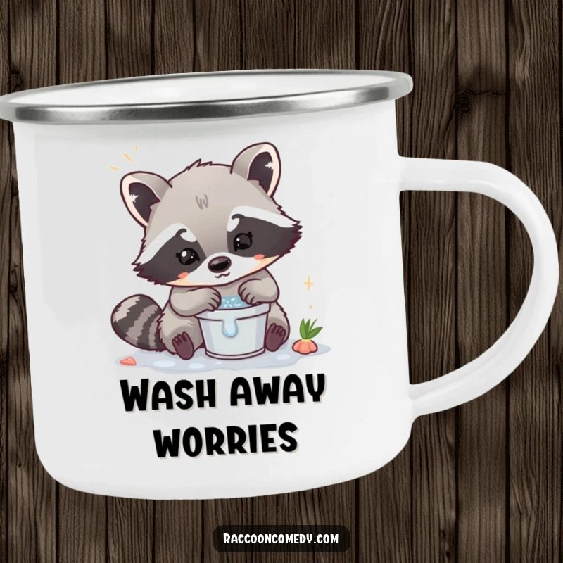 Funny Kawaii Raccoon Camp Mug: Sturdy mug with a cute raccoon washing in a small bucket.