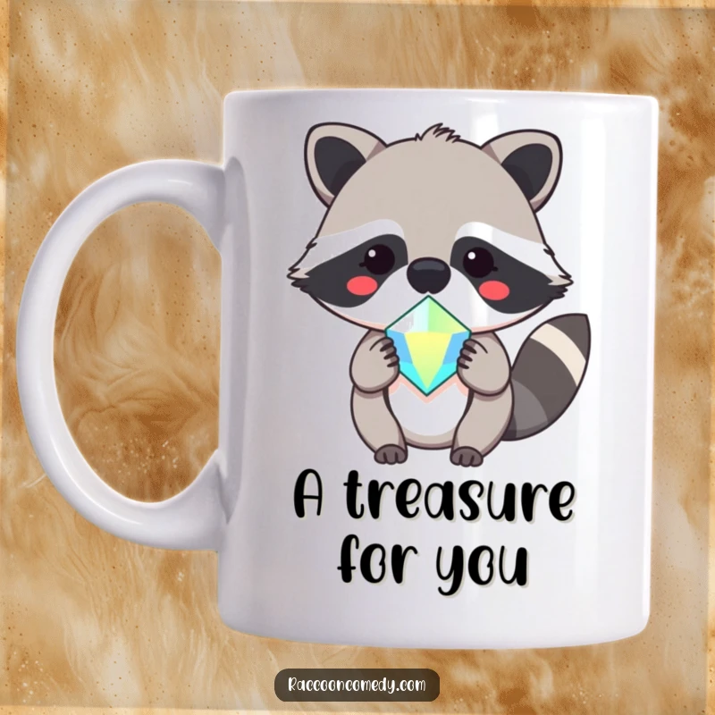 Funny, kawaii mug showcasing a cute raccoon with a big smile, offering a large, sparkling gem in its paws.
