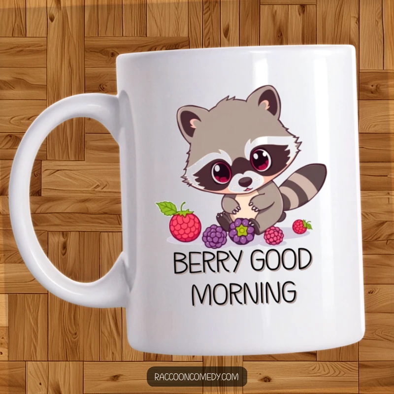 Funny Raccoon Berry Chase Mug: A comical raccoon with huge, wide eyes intensely pursues several rolling berries.