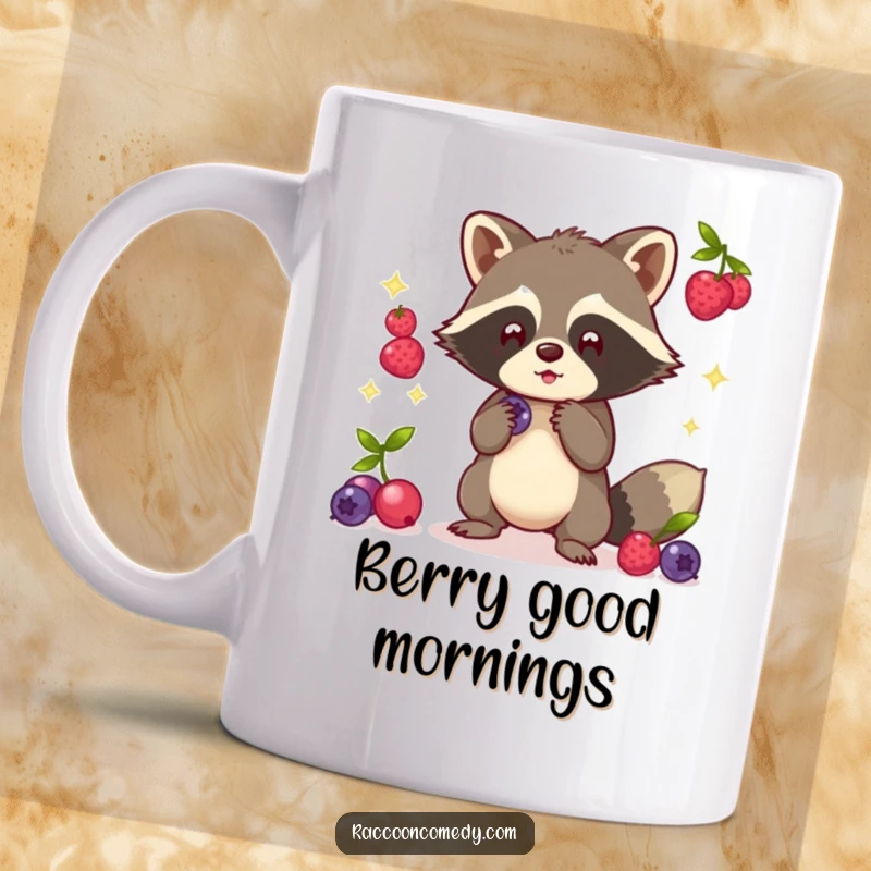 Funny Kawaii Raccoon Mug: A cute raccoon skillfully juggling glowing berries with its paws.