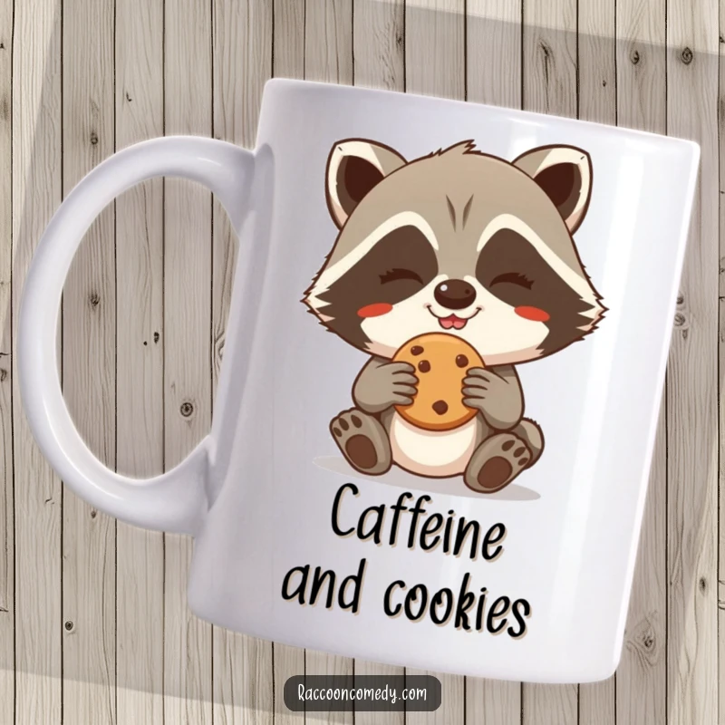 Funny Raccoon Mug: A giggling raccoon with a cheeky grin attempts to steal a cookie with delight.