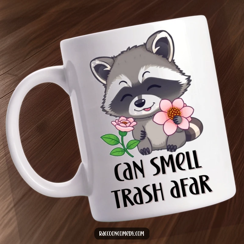 Funny raccoon mug with a curious raccoon actively sniffing a vibrant flower, nose twitching with delight, a charming funny gift.