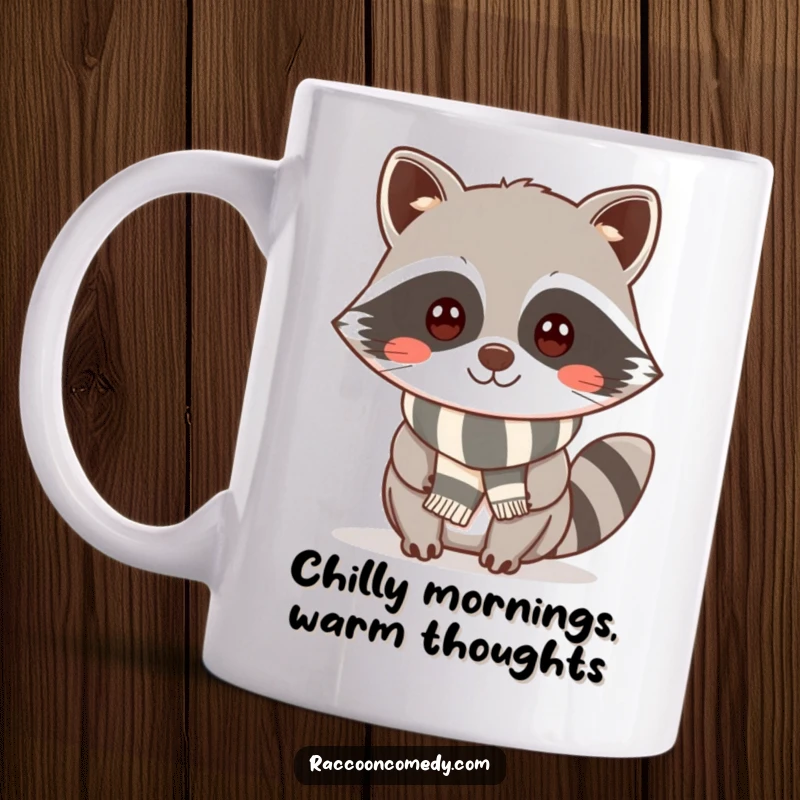 Funny kawaii raccoon with a cheeky smile, sporting a cute striped scarf on a ceramic mug.