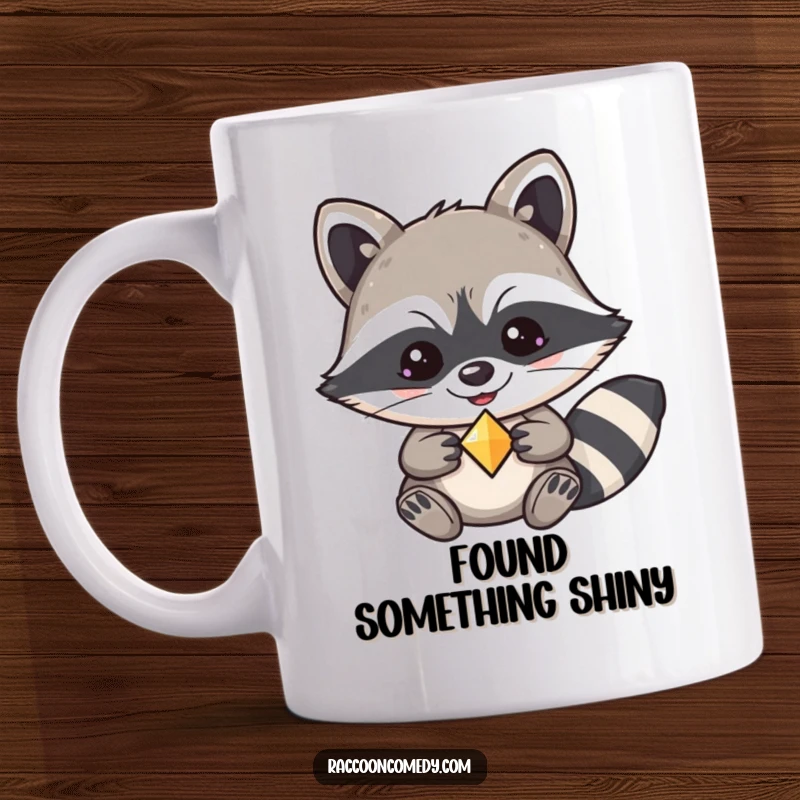 Funny kawaii raccoon mug, sporting a mischievous grin while proudly holding a stolen shiny trinket.