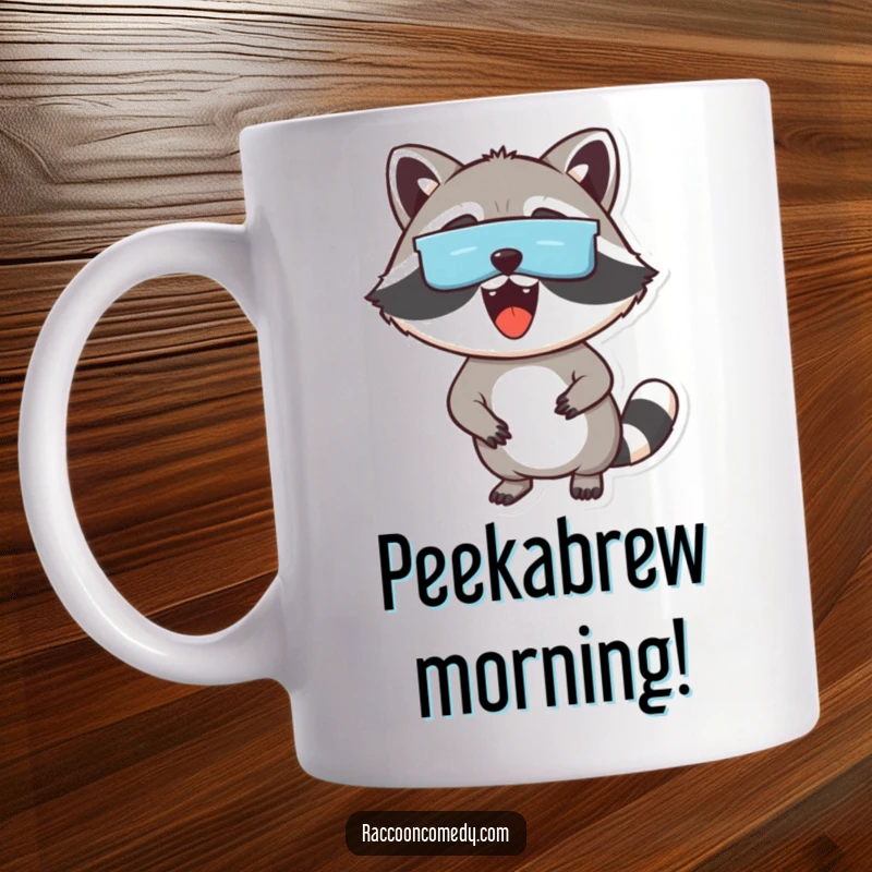 Funny mug featuring an excited raccoon with a mask over its eyes, peeking out playfully, ideal for a humorous gift.