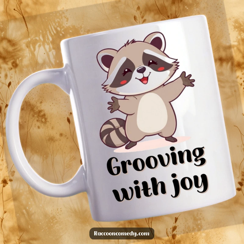 Funny happy raccoon mug, silly dance, paws in the air, joyful expression, energetic animal, perfect gift.