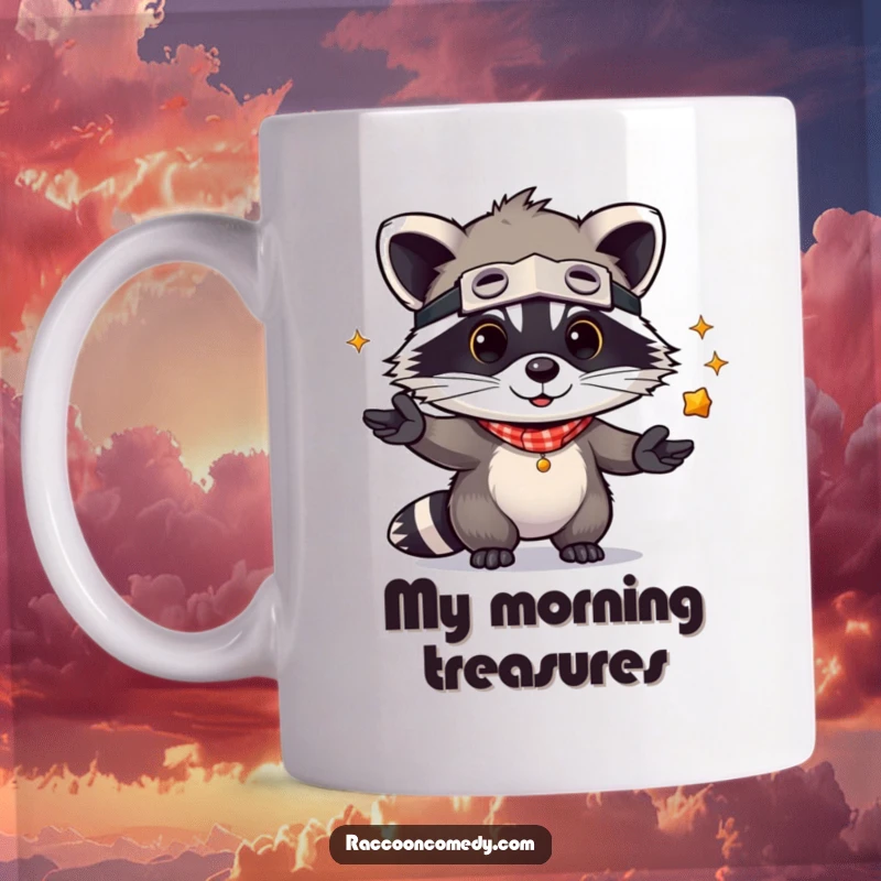 Funny Raccoon Mug: A kawaii raccoon wearing a bandit mask playfully juggling shiny objects, embodying adorable mischief and fun.