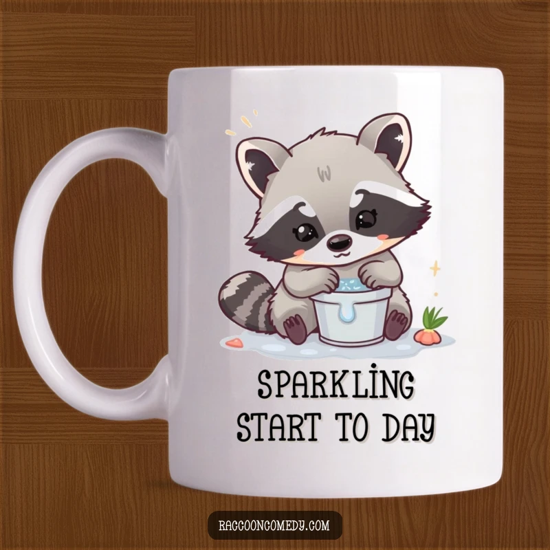 Funny Kawaii Raccoon Mug: A cute raccoon happily washing in a small bucket, spreading cleanliness.
