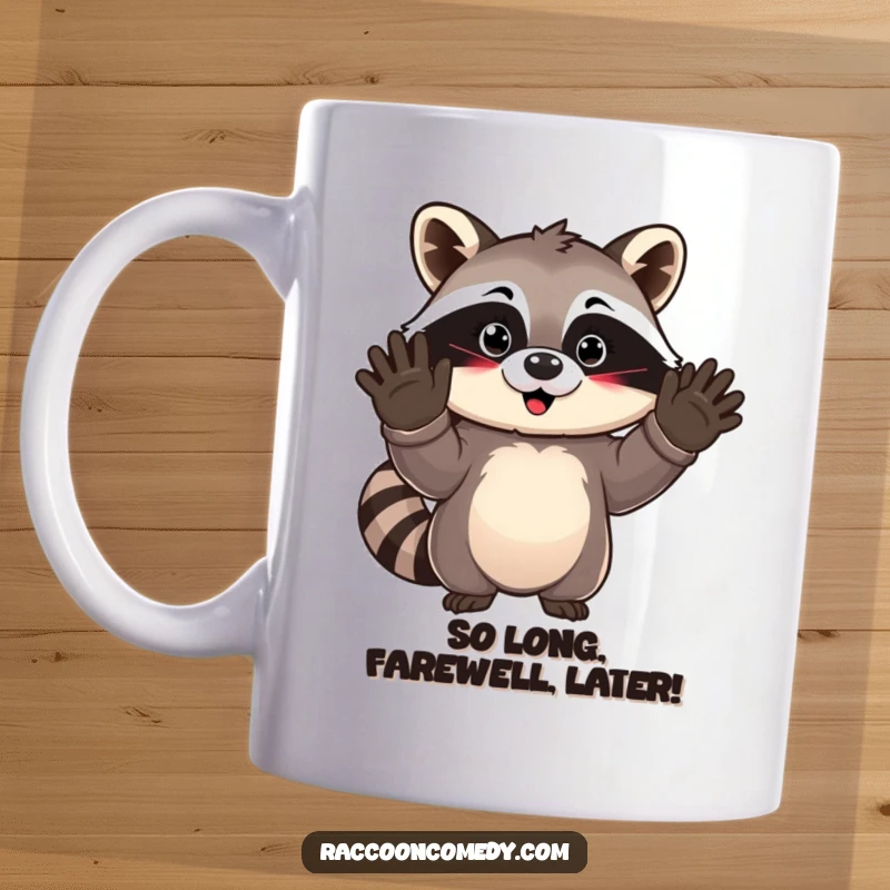 Funny kawaii raccoon with huge gloves waving a cheerful goodbye, spreading happiness and cuteness on a premium mug.