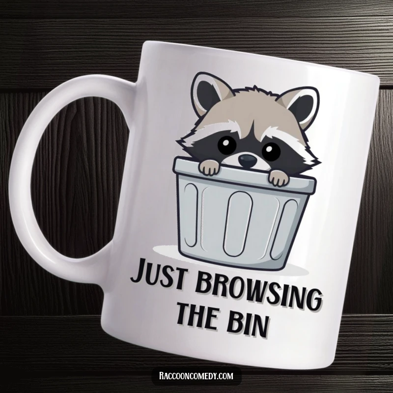 Funny mischievous raccoon mug, peeking from striped trash bin, sly expression, cheeky animal, perfect gift.