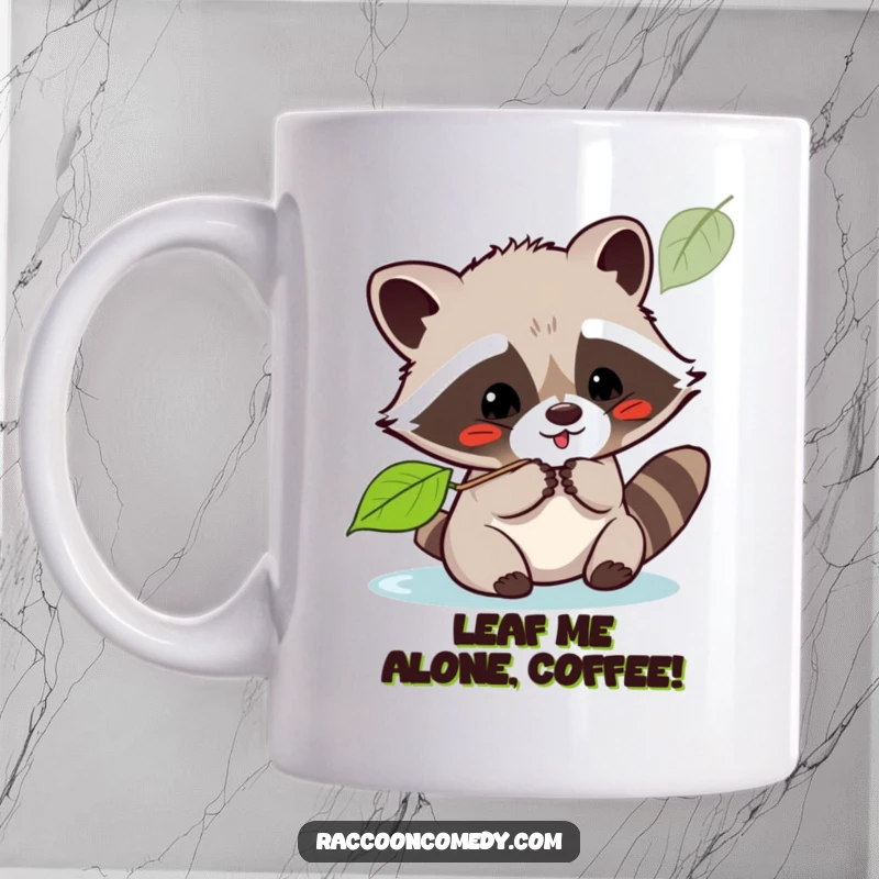 Funny kawaii raccoon playfully batting at a floating autumn leaf with a joyful expression on a ceramic mug.