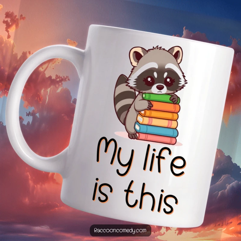 Funny mug featuring a determined raccoon precariously balancing a tall stack of colorful items, looking a bit wobbly.
