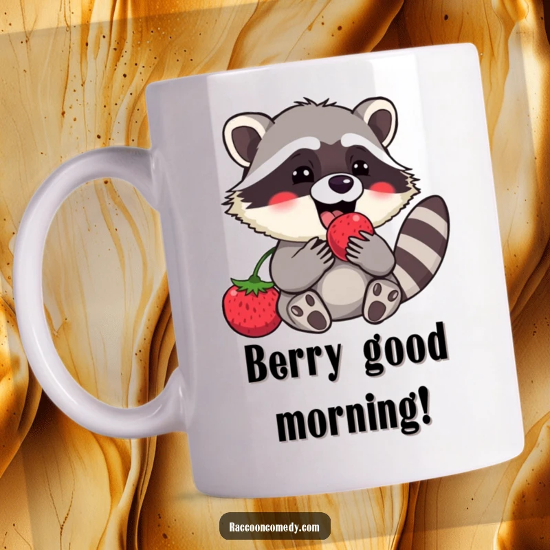 Funny raccoon mug featuring a content character joyfully eating a big, juicy berry with pure delight and messy satisfaction.