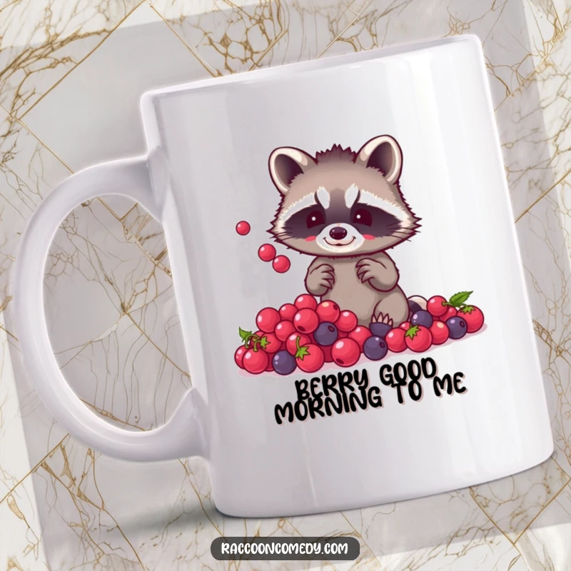 Funny raccoon juggling mug with tiny paws holding a pile of shiny berries, showcasing nimble dexterity and a humorous, cute scene.
