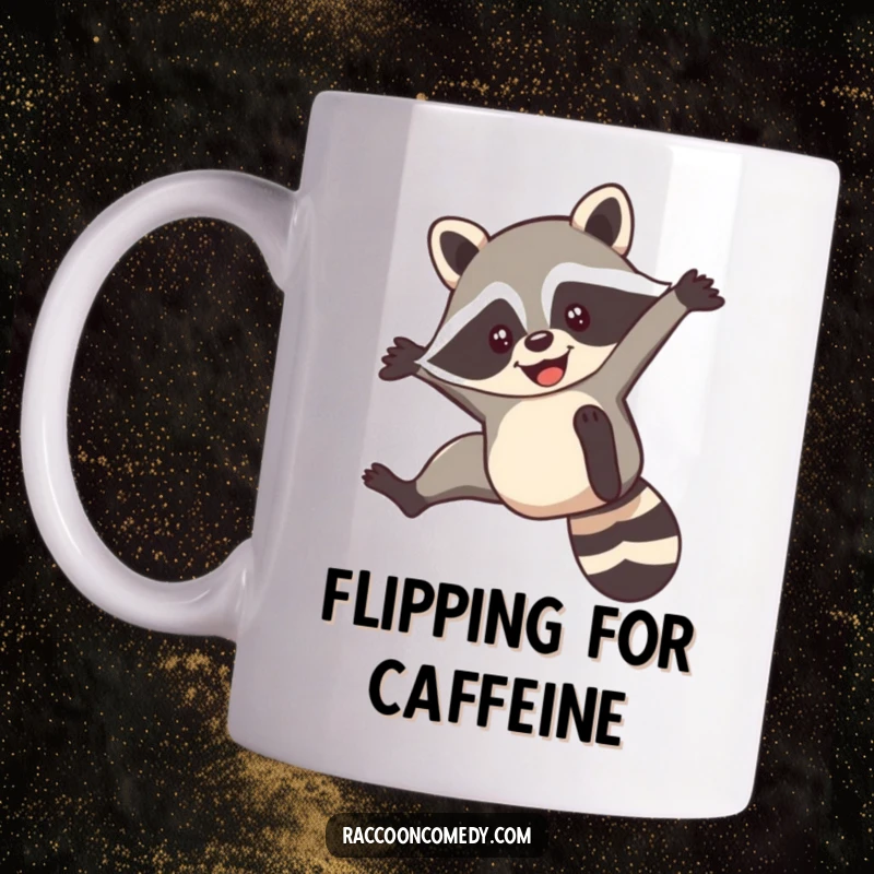 Funny mug featuring a smiling raccoon captured mid-air, performing a nimble acrobatic flip with impressive agility.