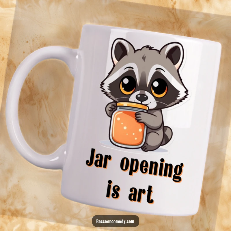 Funny raccoon mug with wide, round eyes showing intense focus as it struggles to open a jar, a humorous depiction of determination, a funny gift.