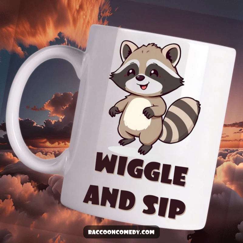 Funny mug art of a happy raccoon with a fluffy tail doing a joyful little dance, embodying pure bliss and lighthearted fun.
