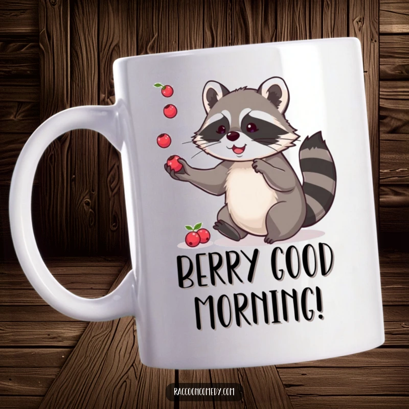 Funny mug art of a playful raccoon expertly juggling small, colorful berries with its paws, highlighting skill and lighthearted fun.