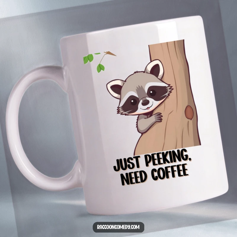 Funny raccoon mug, peeking playfully from behind a tree, cute and curious, perfect for nature enthusiasts and gift-givers.
