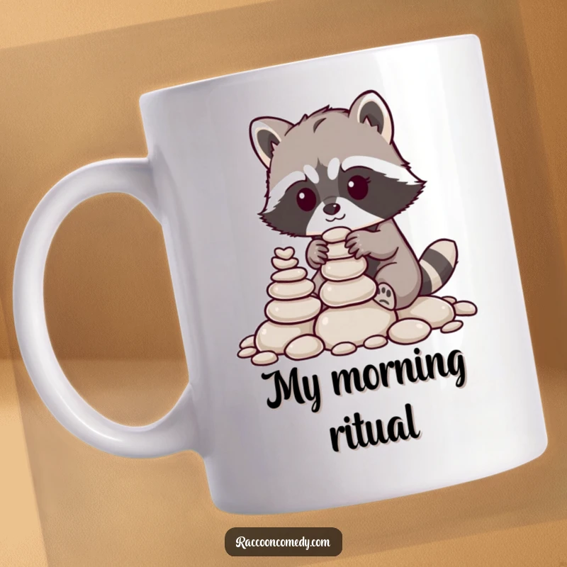 Funny raccoon mug, a little raccoon with nimble paws skillfully stacking small pebbles, cute and focused woodland creature art.