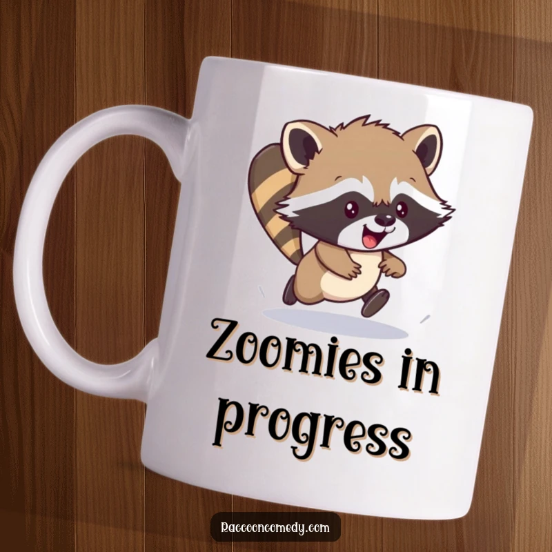 Funny mug showing an energetic raccoon cub in a hilarious, clumsy scamper, radiating pure excitement and adorable chaos.