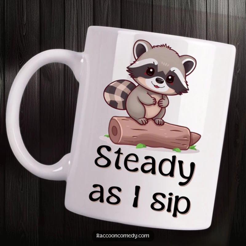 Funny Raccoon Mug: A tiny raccoon happily balances with skill and cheer on a small log.