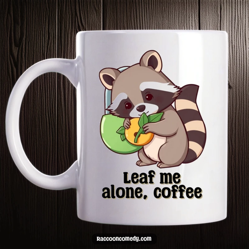 Funny kawaii raccoon using a leaf to unlock a whimsical lock, a charming and humorous mug for cute animal lovers.