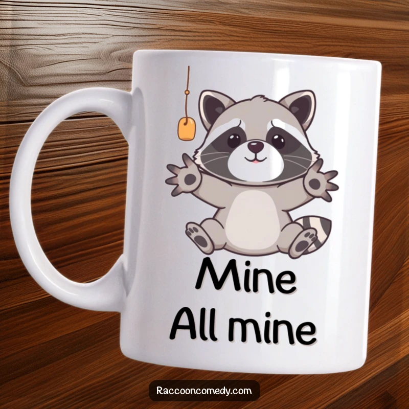 Funny raccoon mug featuring a cute trash panda with paws outstretched, desperately reaching for a tempting dangling prize, embodying playful mischief.