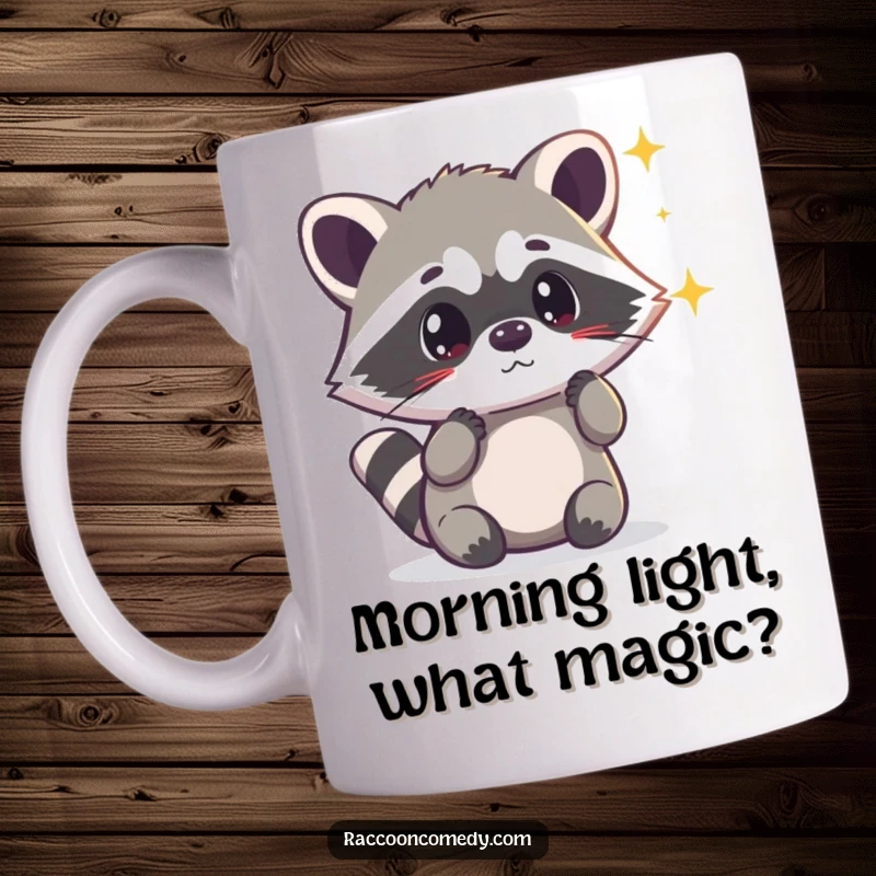 Funny kawaii raccoon looking surprised with wide eyes at a shimmering light that emanates a magical glow on a mug.