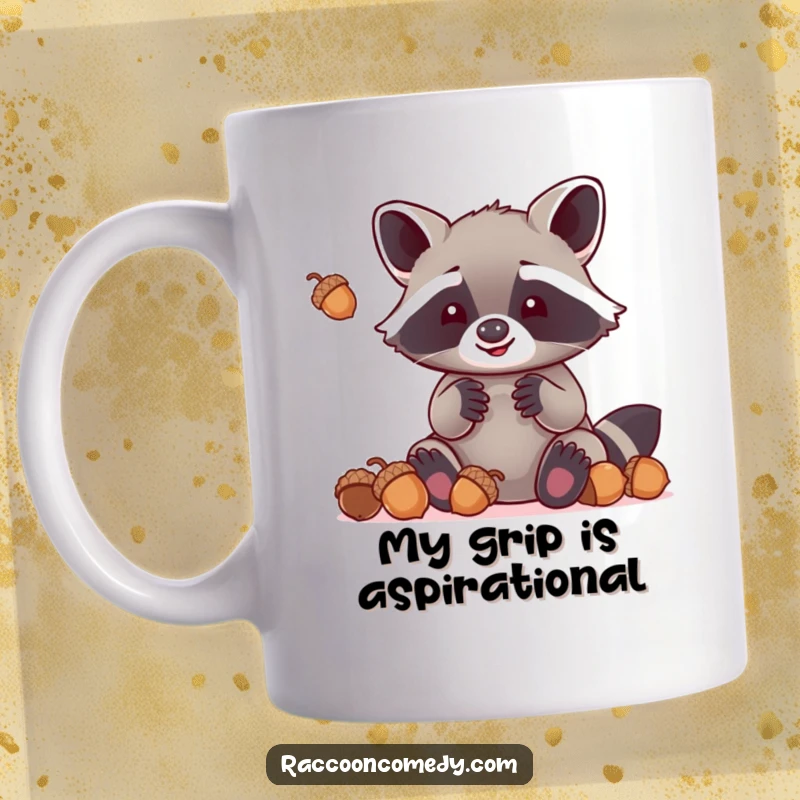 Funny kawaii raccoon with enormous paws trying to juggle acorns, showcasing its cute and comical juggling attempt on a mug.